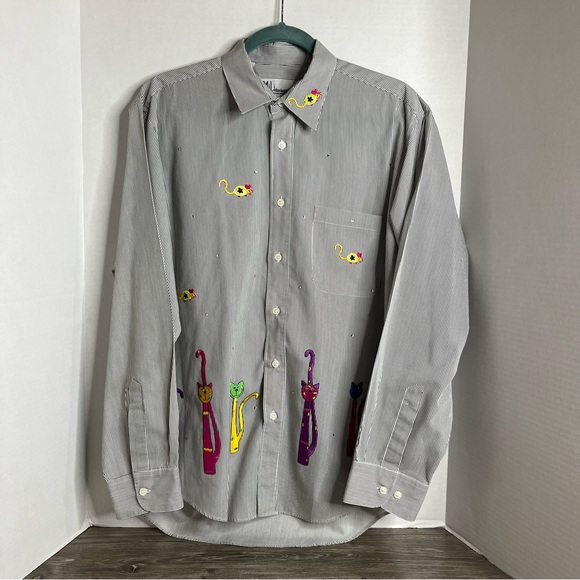 Vintage MiLi Colorful Applique Cat Mice Blouse Sequins Large Striped Long Sleeve - Picture 2 of 11